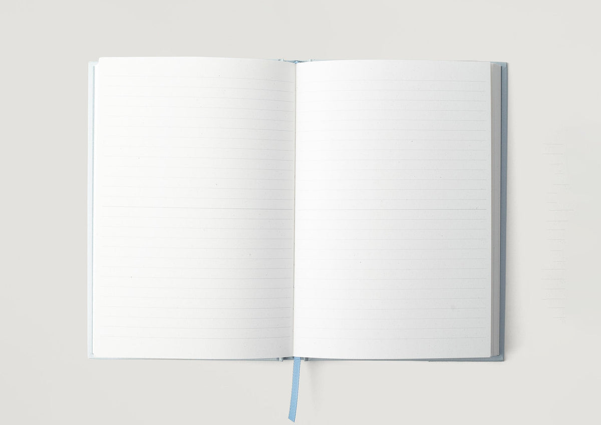 An open journal with blank lined pages, on a pale ground