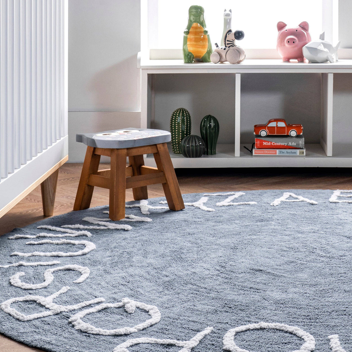 Kids Washable Round Alphabet Rug (Blue) - Round 6'