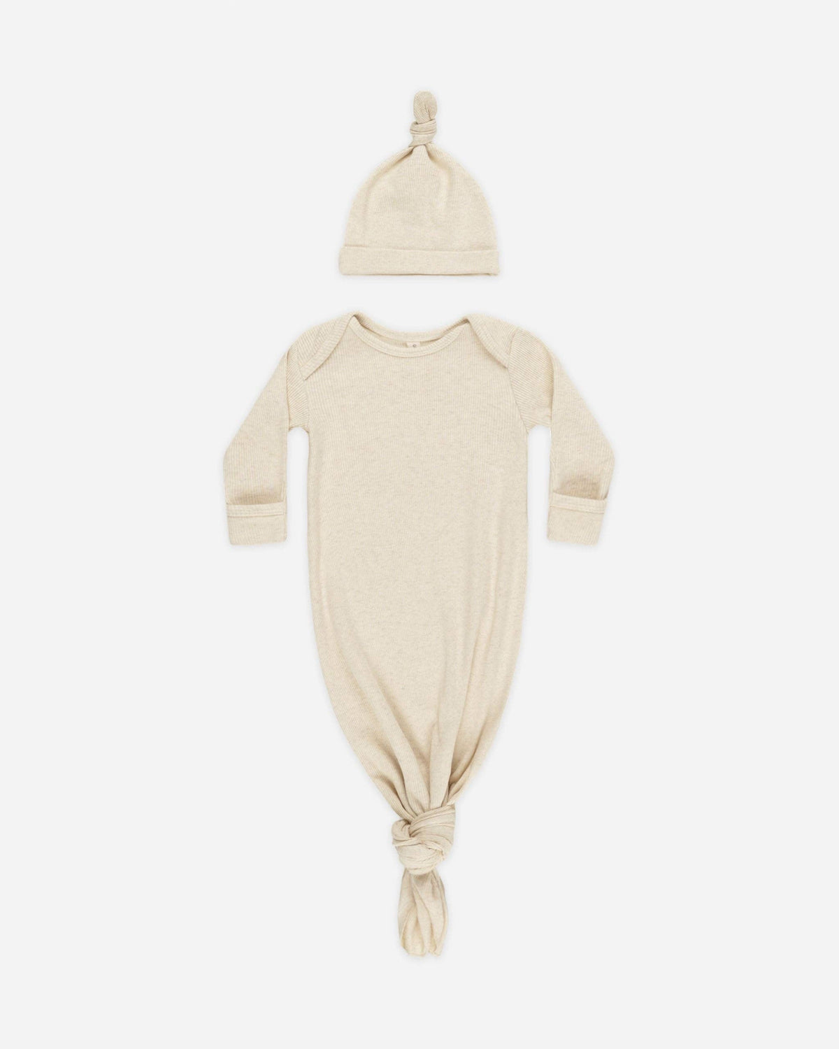 Quincy Mae knotted baby gown and hat in oatmeal ribbed melange knit