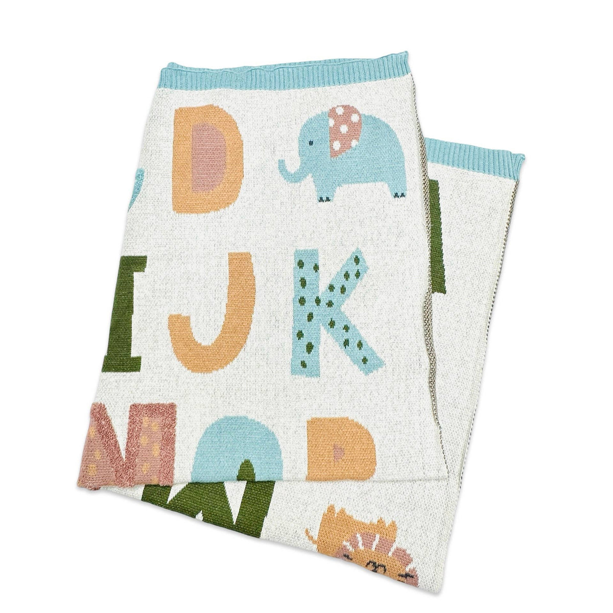 Alphabet Knit Blanket, Natural and Blue