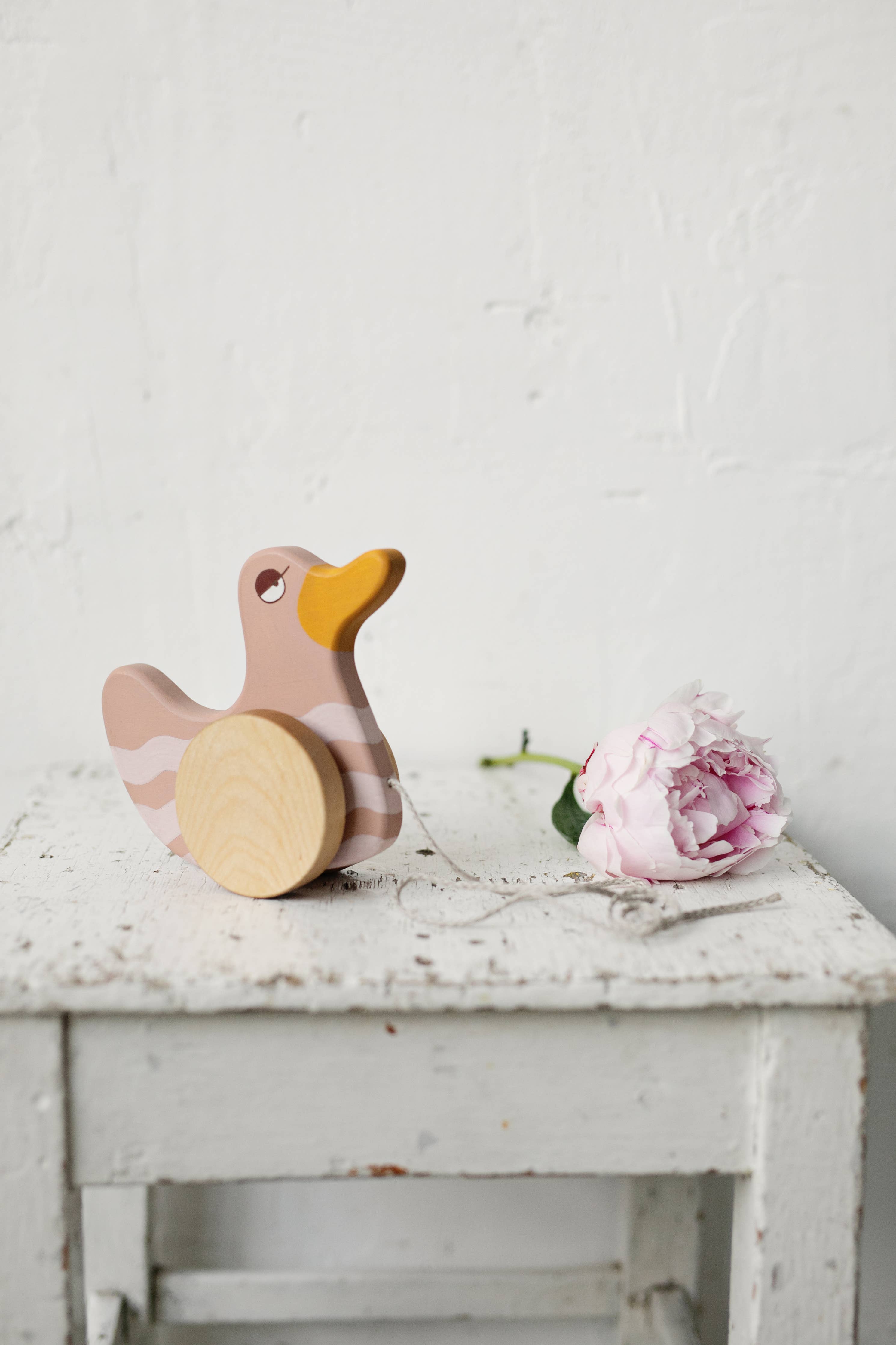 Handcrafted Birch Wood Pink Duck Pull Toy
