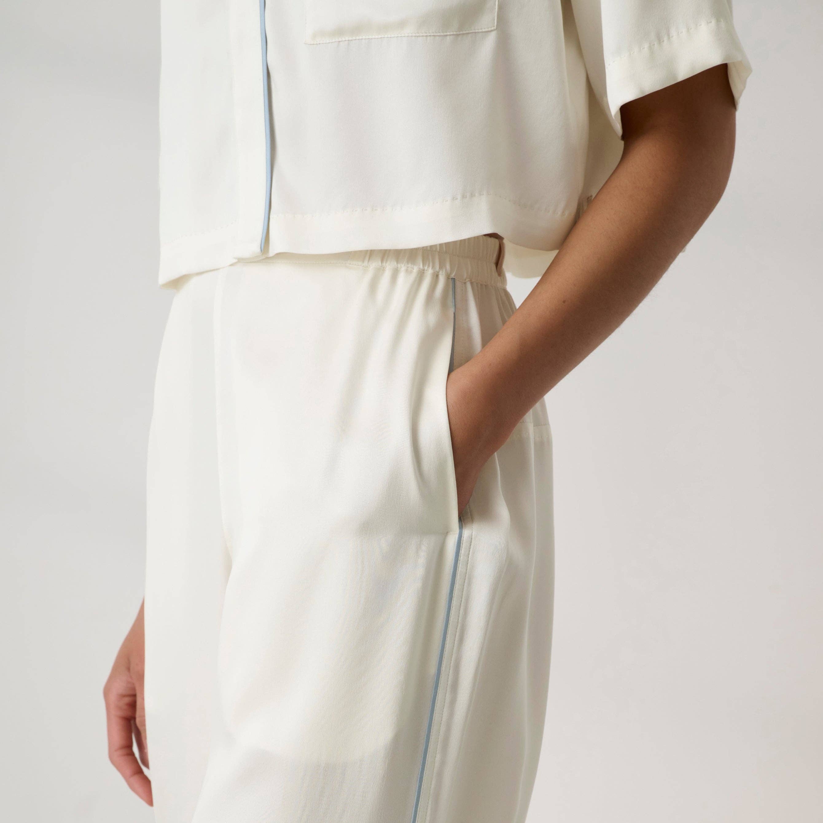 Washable Silk Piped High Rise Pant Set -Tranquil White/Frosted Lagoon
