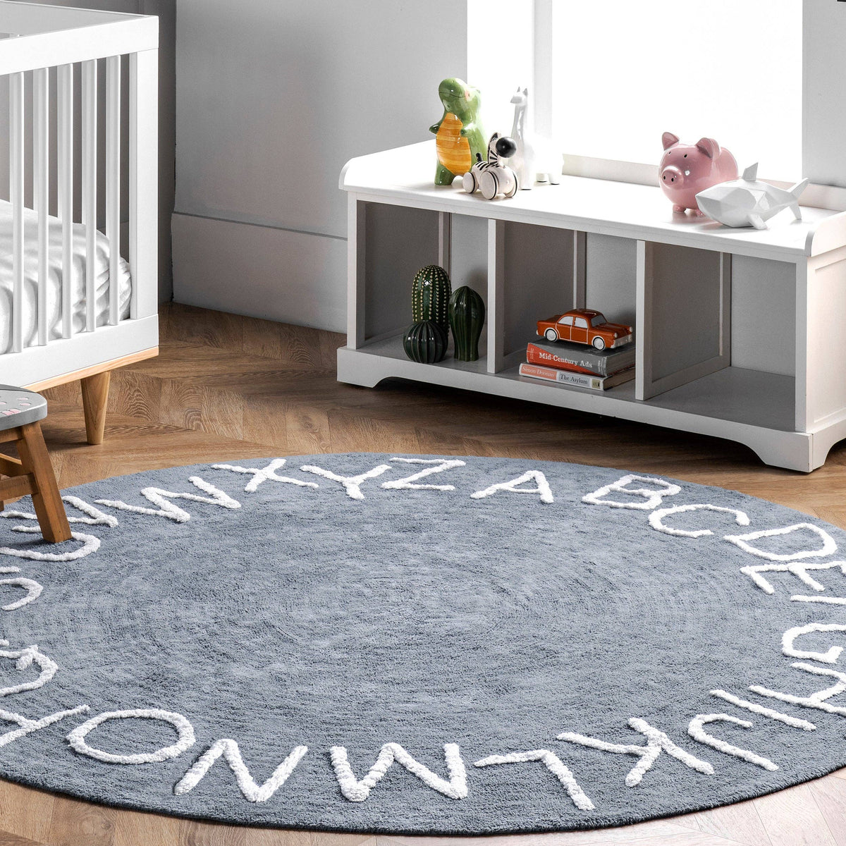 Kids Washable Round Alphabet Rug (Blue) - Round 6'