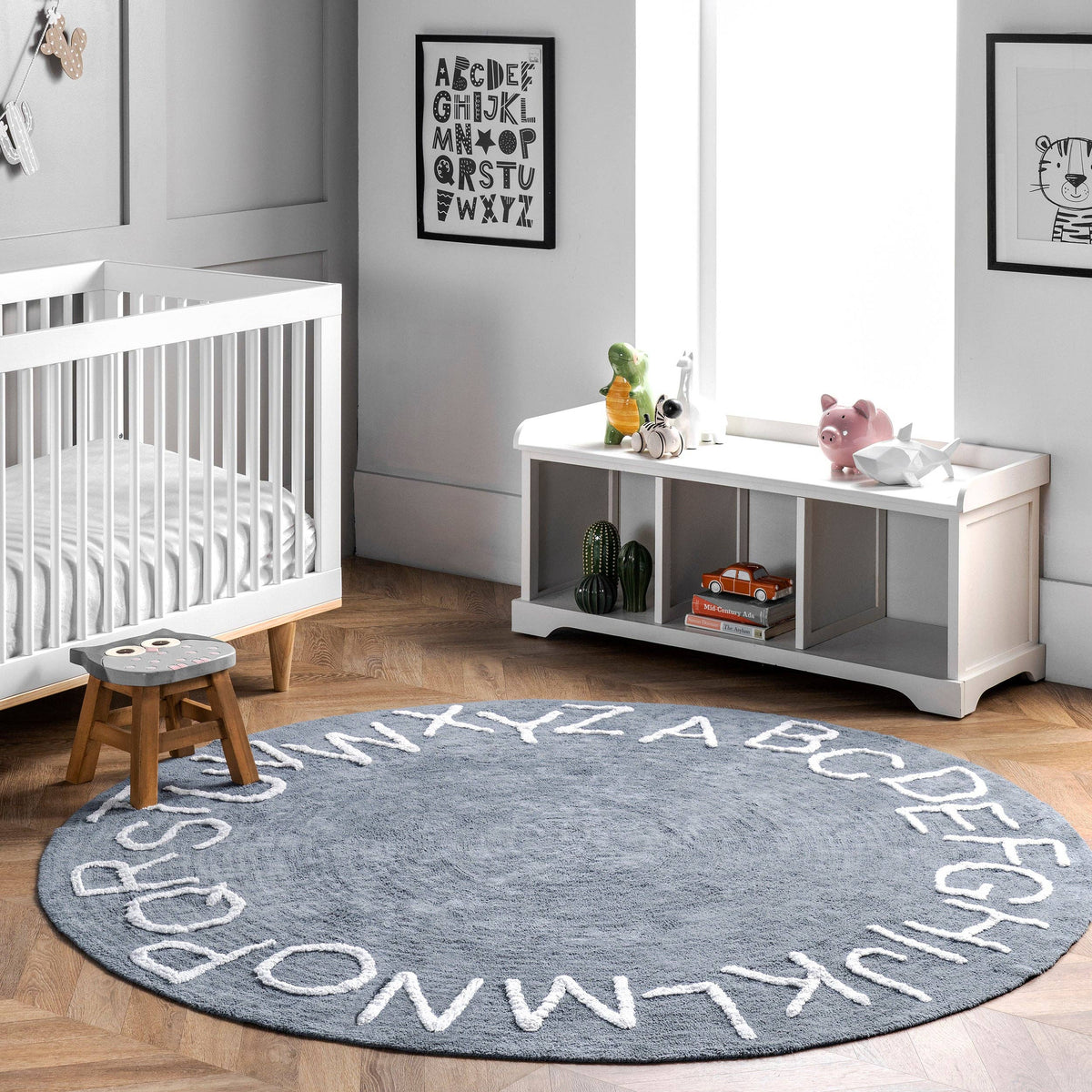Washable Round Alphabet Rug, Blue, 6 ft