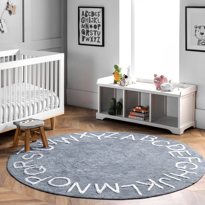 Kids Washable Round Alphabet Rug (Blue) - Round 6'