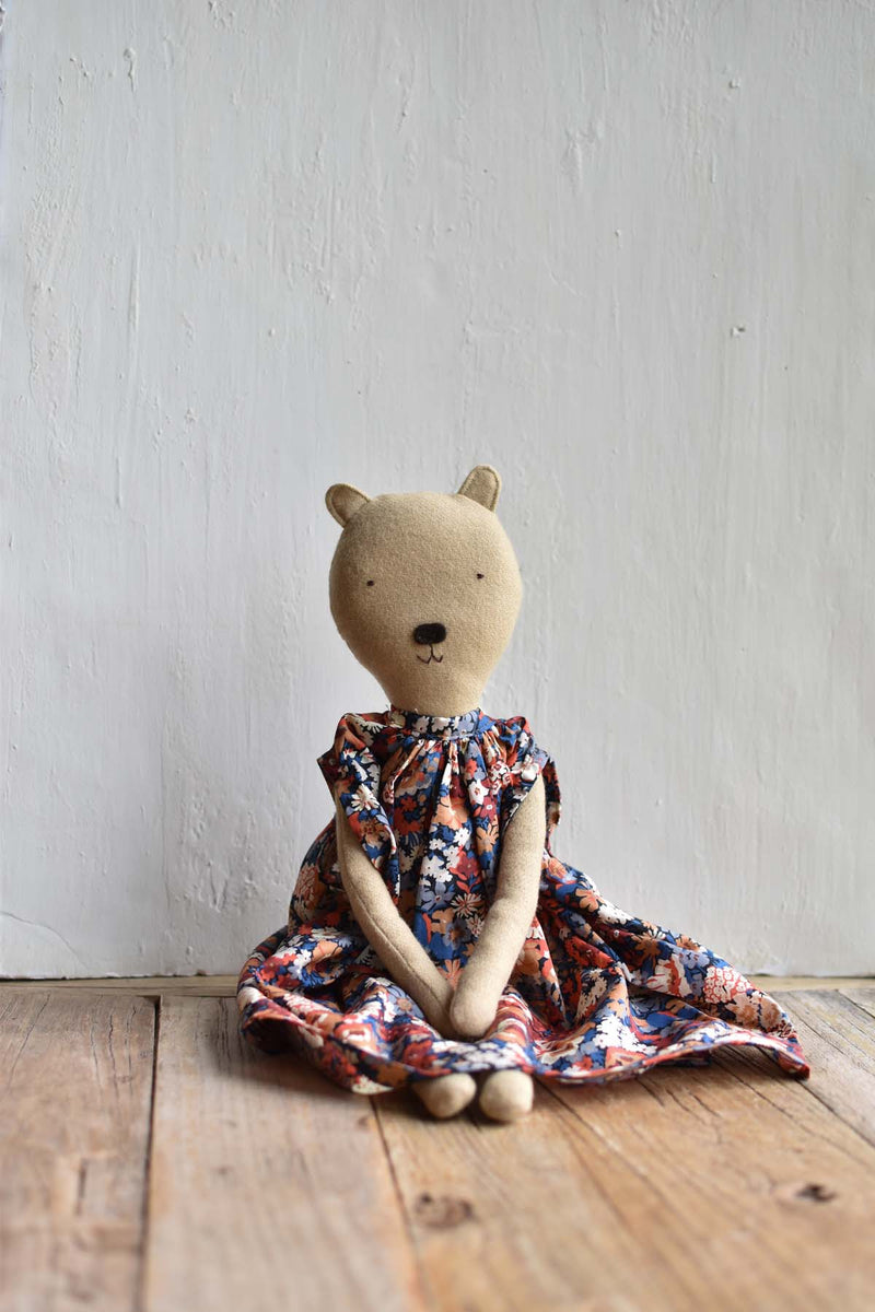 Agatha the Bear Heirloom Wool Doll in Liberty Floral Dress