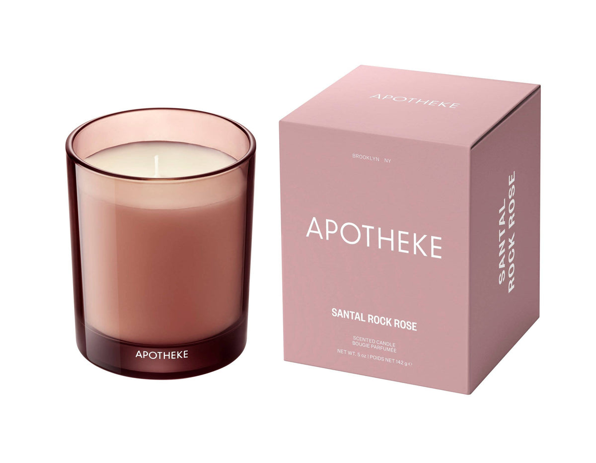 Apotheke Santal Rock Rose petite candle in pink glass vessel