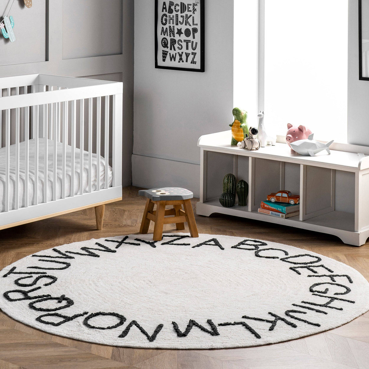 Kids Washable Round Alphabet Rug (Blue) - Round 6'