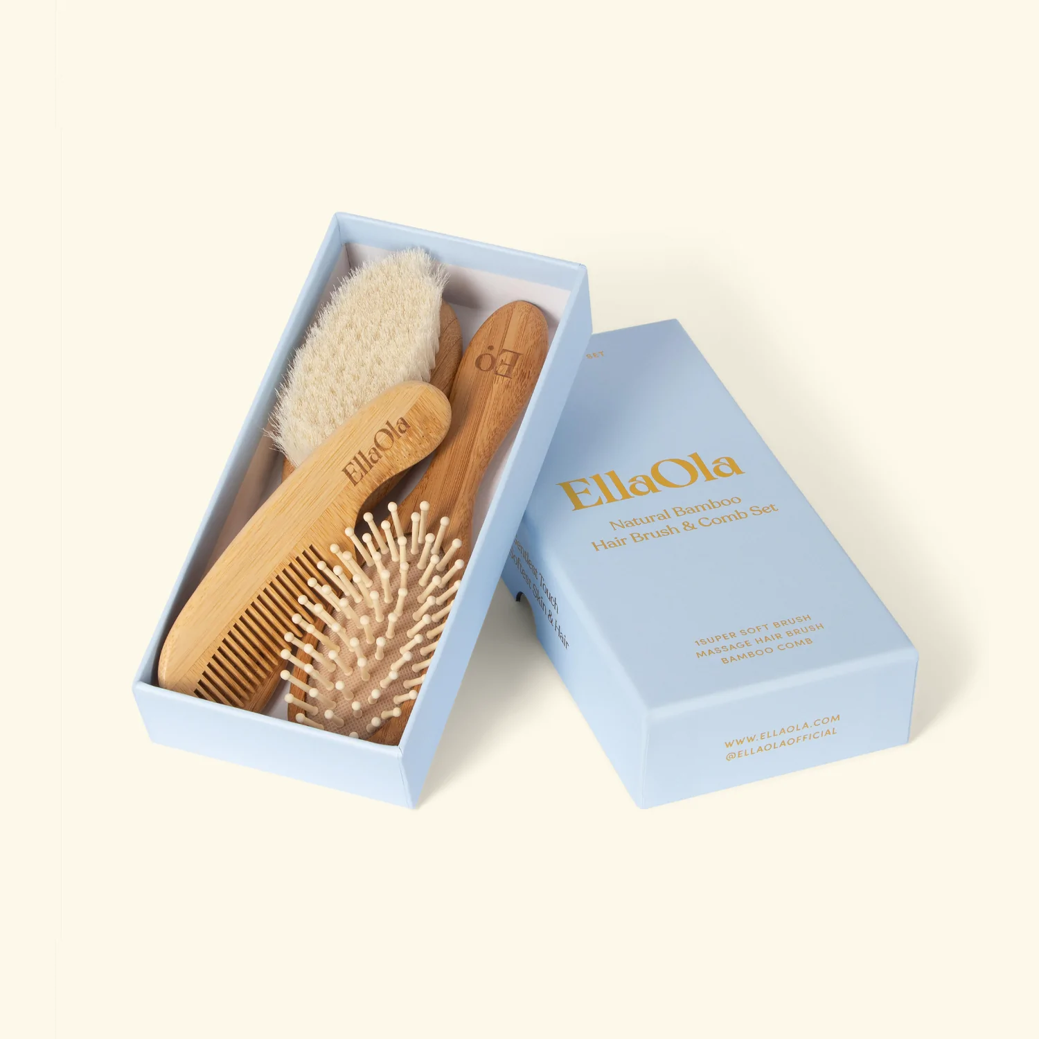 EllaOla three piece bamboo brush and comb set in a lined box