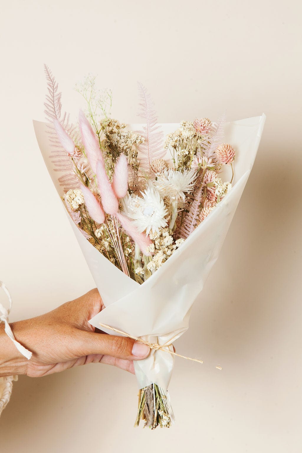 Lark dried flower bouquet in blush, green and white