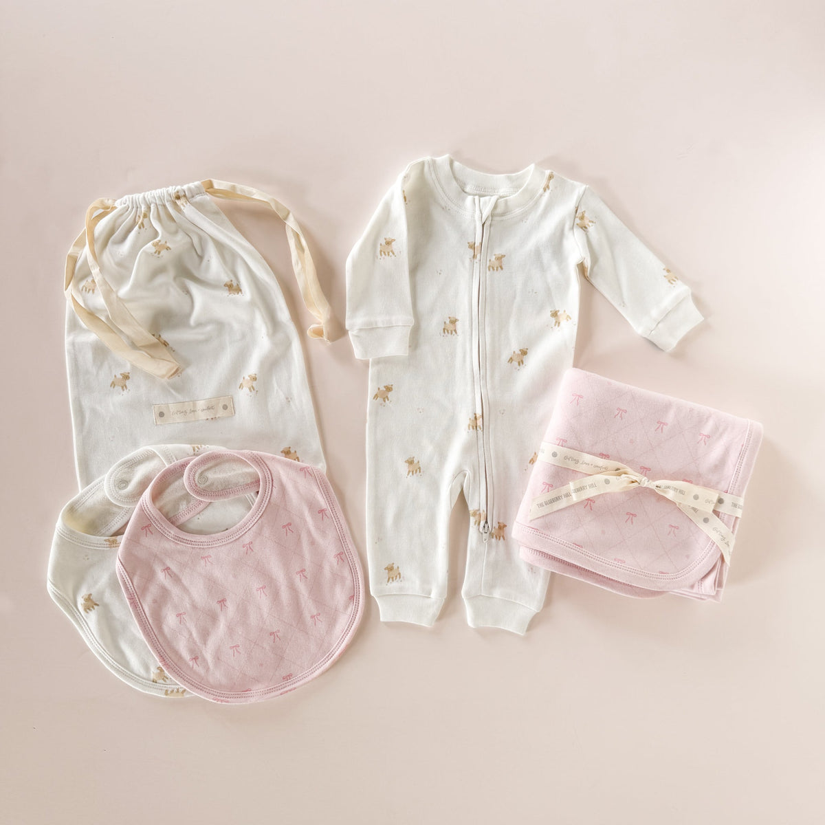 The Blueberry Hill Lamb and Bow layette gift set