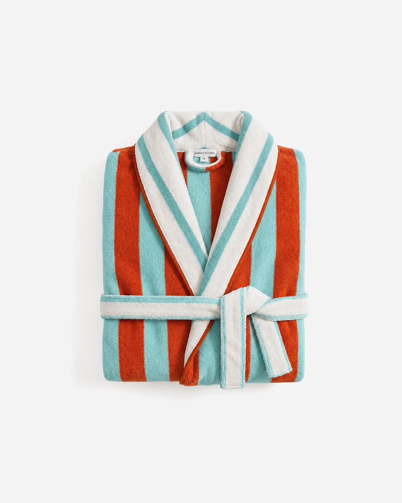 Spritz striped terry robe in off white and aperol, worn