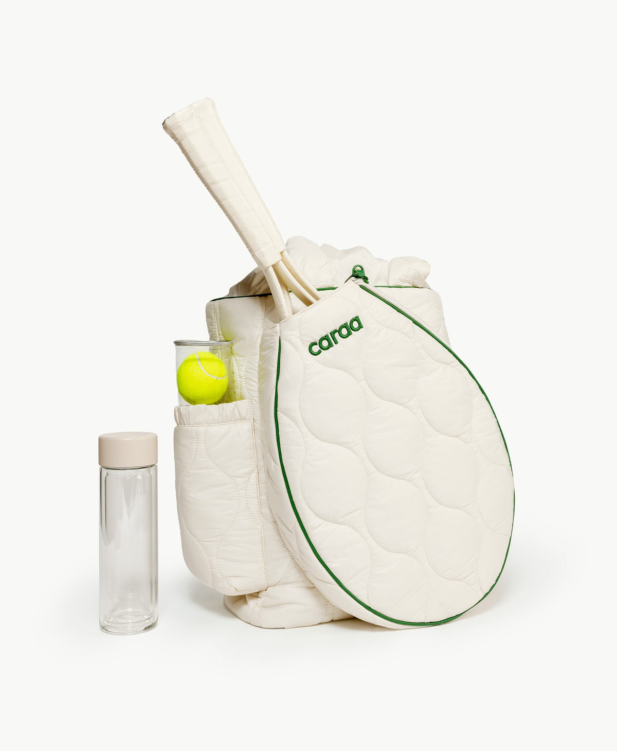 Caraa Tennis Quilted Backpack Tote with racquet and bottle