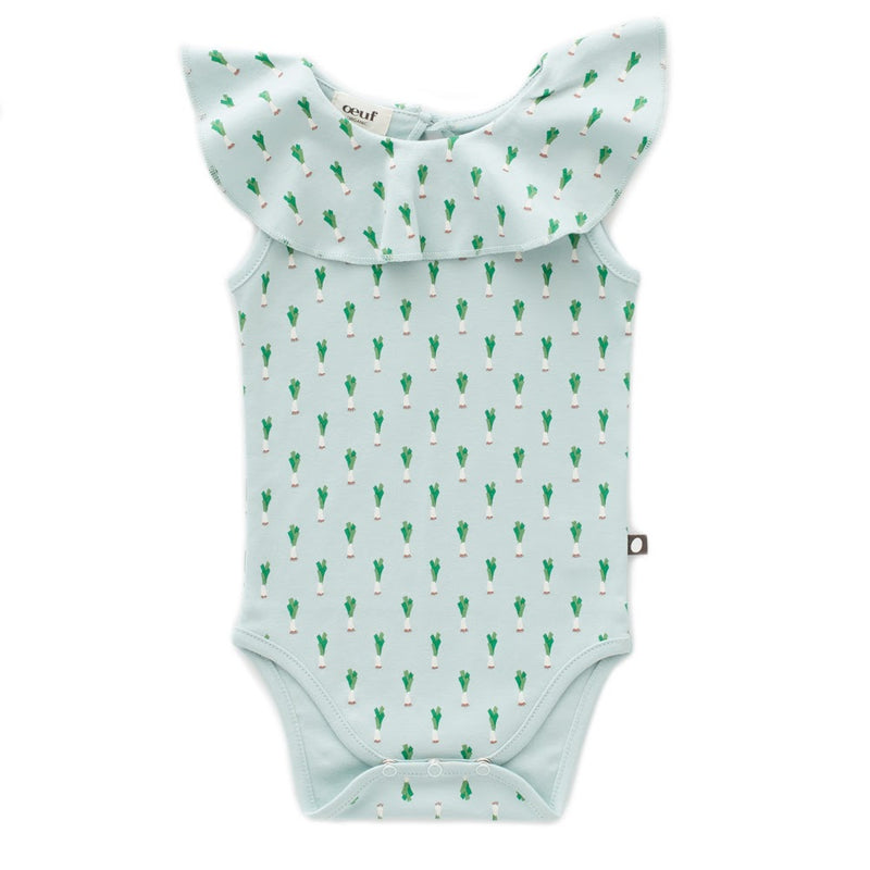 Sleeveless Ruffle Onesie Leek Print