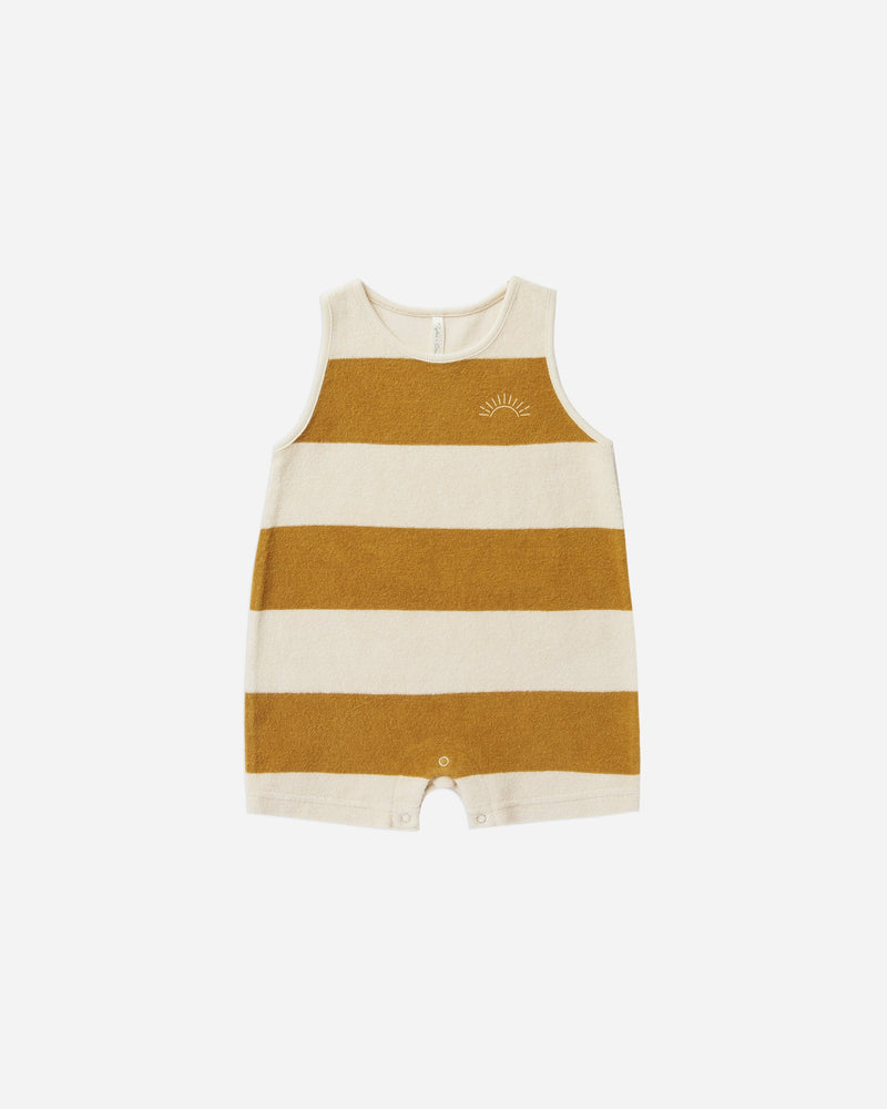 terry sleeveless romper, gold stripe