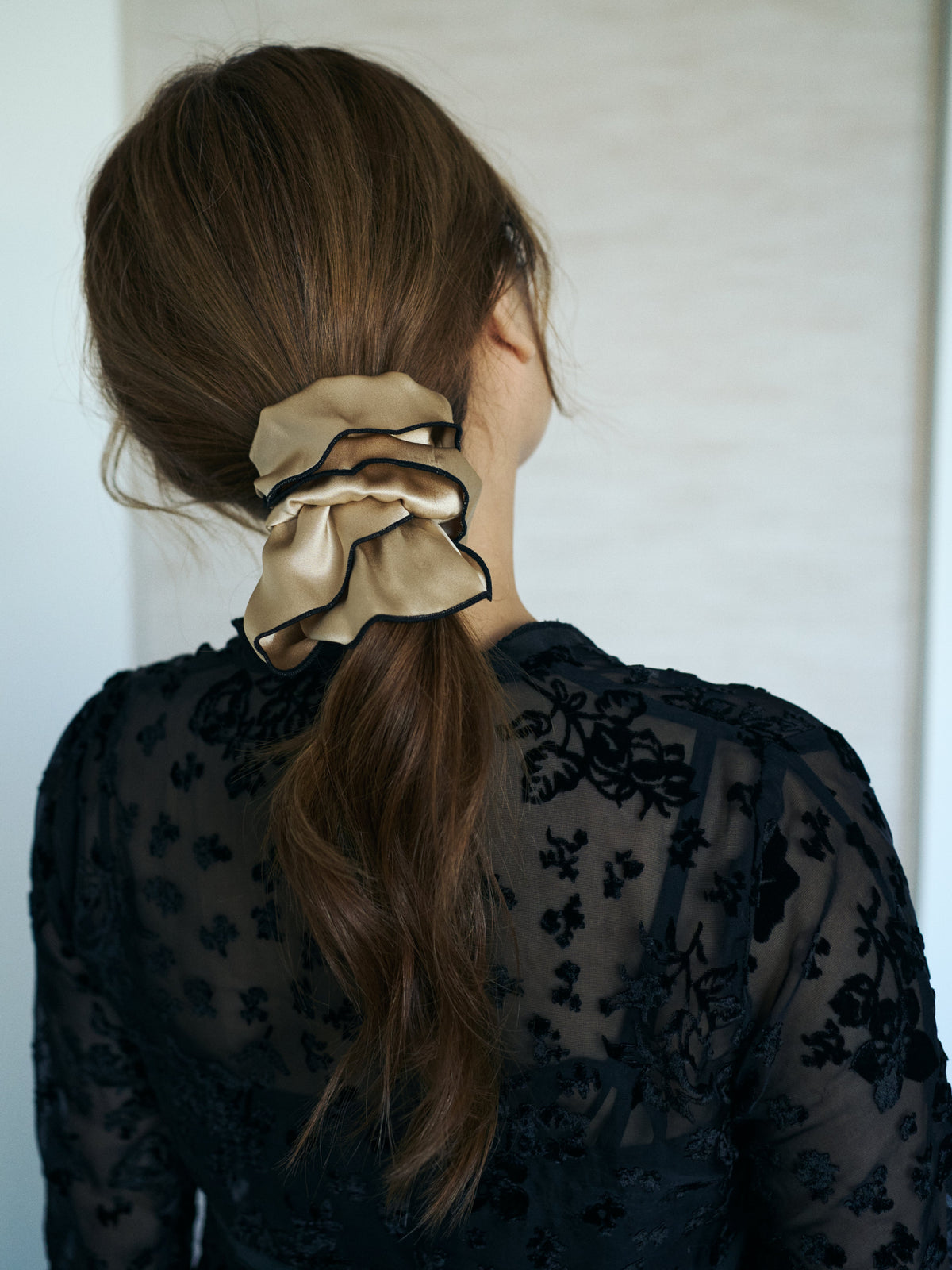 Lost Pattern Maxi Flower Double-Layer Oversized Silk Scrunchie in Tan
