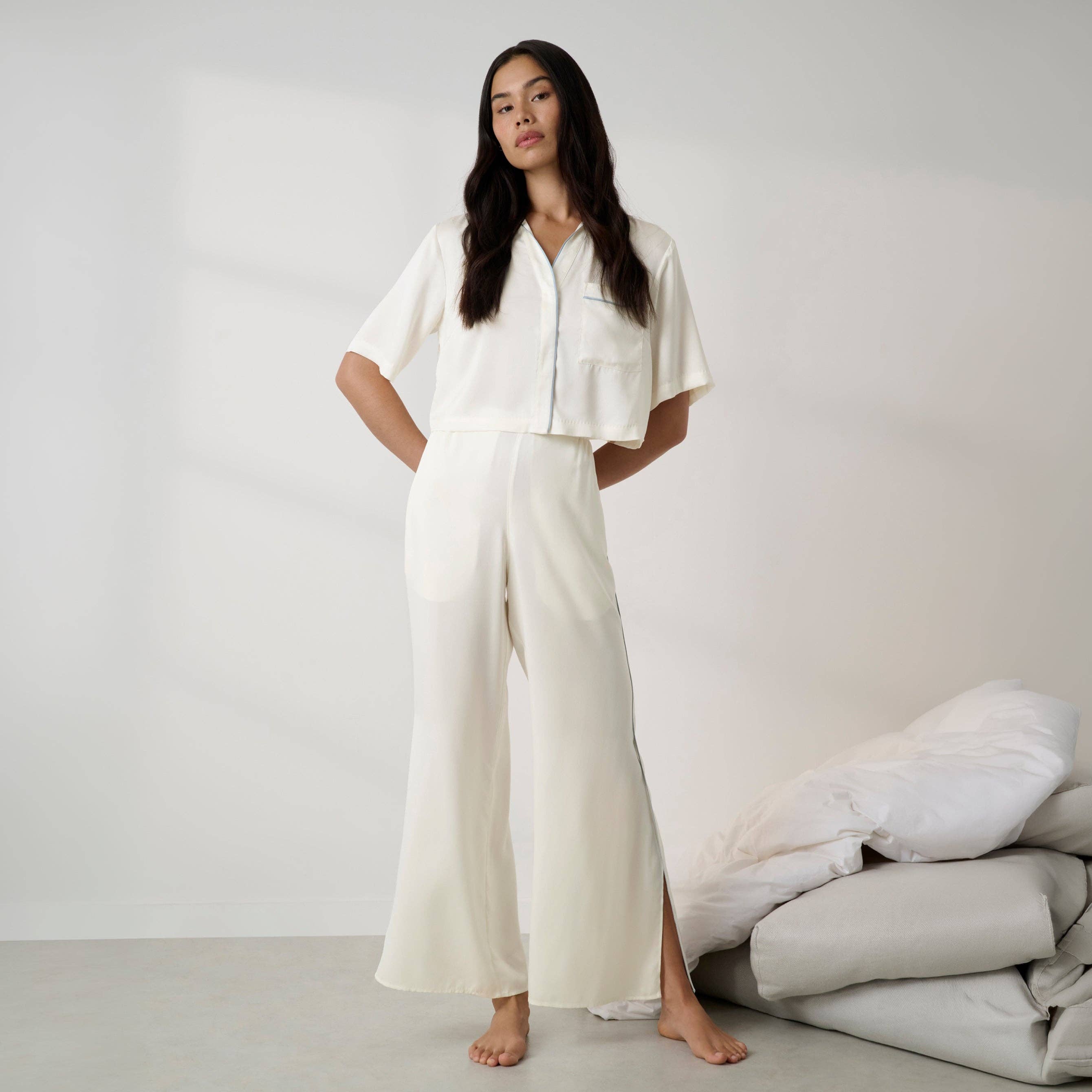 Washable Silk Piped High Rise Pant Set -Tranquil White/Frosted Lagoon