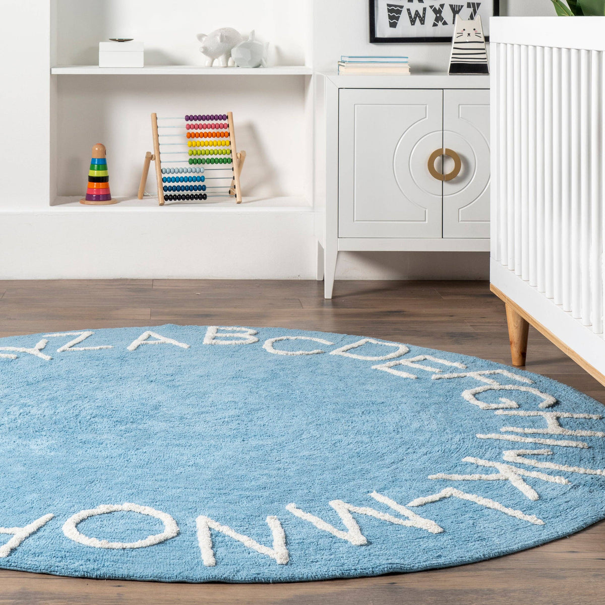 Kids Washable Round Alphabet Rug (Blue) - Round 6'