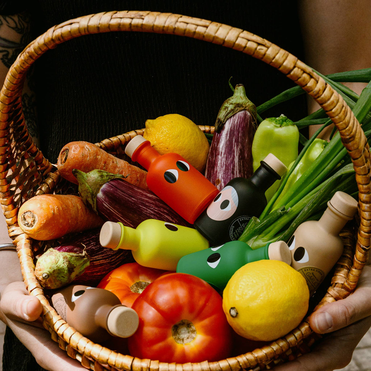 yiayia and friends minis in a basket of vegetables