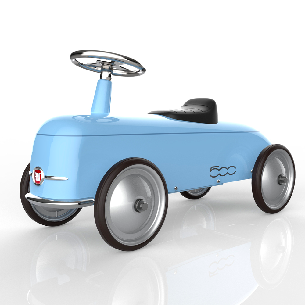 Baghera Ride-On Roadster Fiat 500 in pastel blue, three quarter view