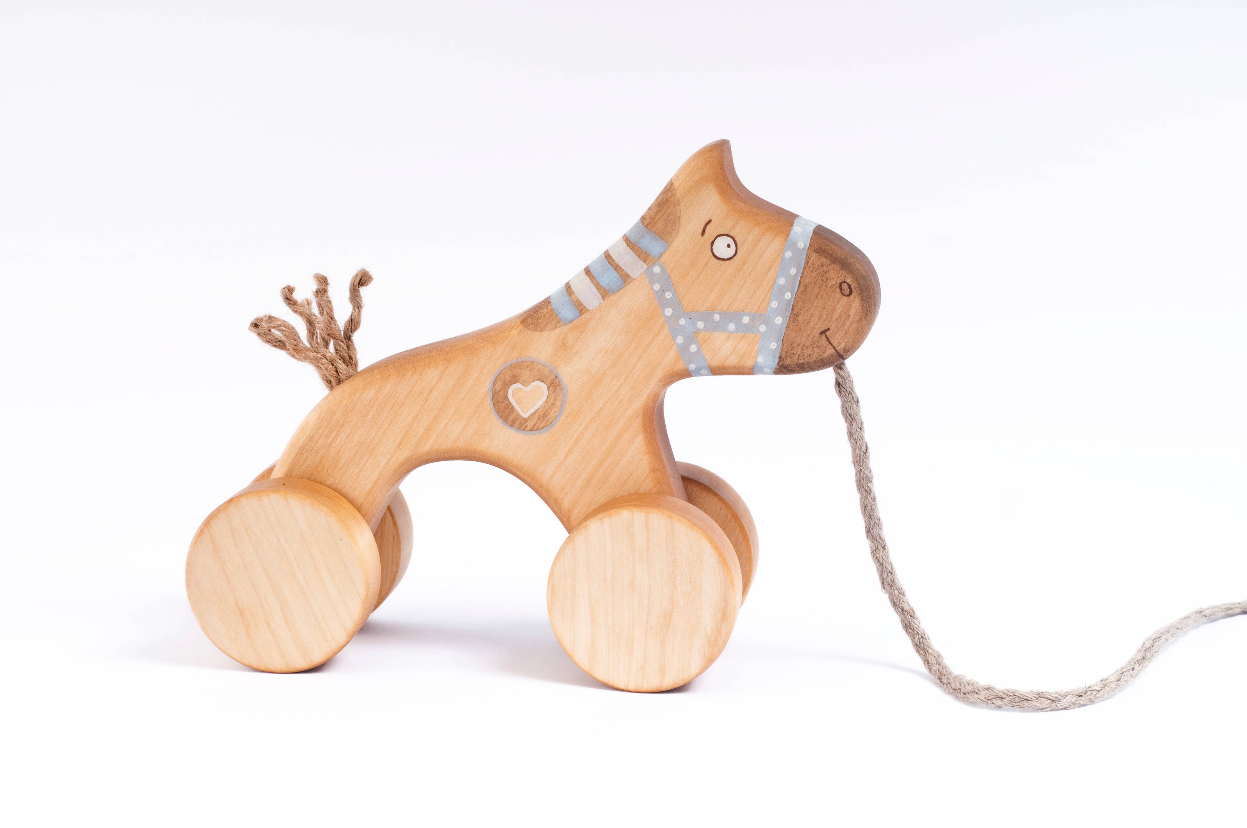 Handcrafted Birch Wood Blue Horse Pull Toy