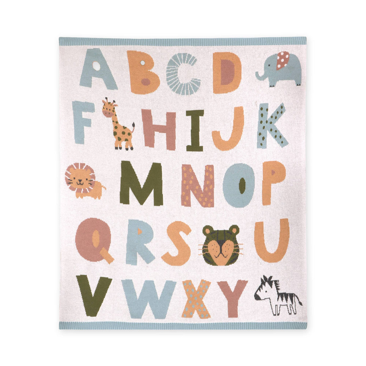 Alphabet Blue - Organic Jacquard Sweater Knit Baby Blanket: Natural/Blue
