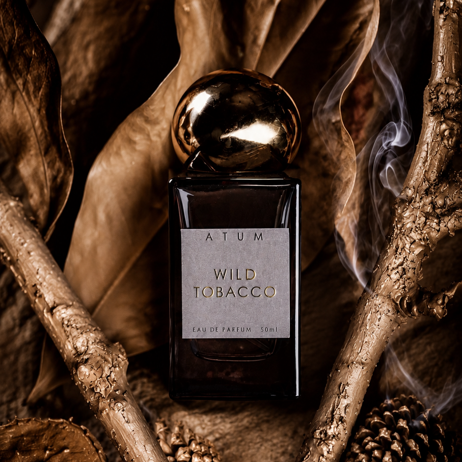 ATUM Wild Tobacco eau de parfum among tobacco leaves