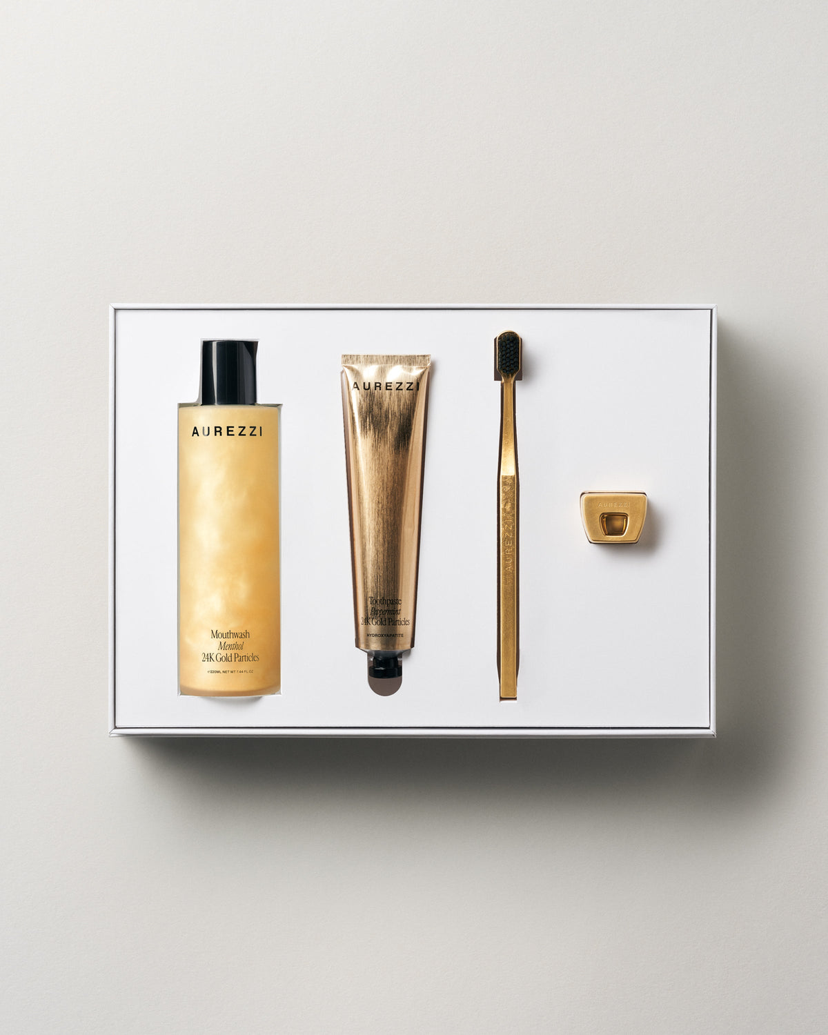 Aurezzi Gift Box Gold, 24K gold toothbrush, stand, toothpaste and mouthwash in presentation box
