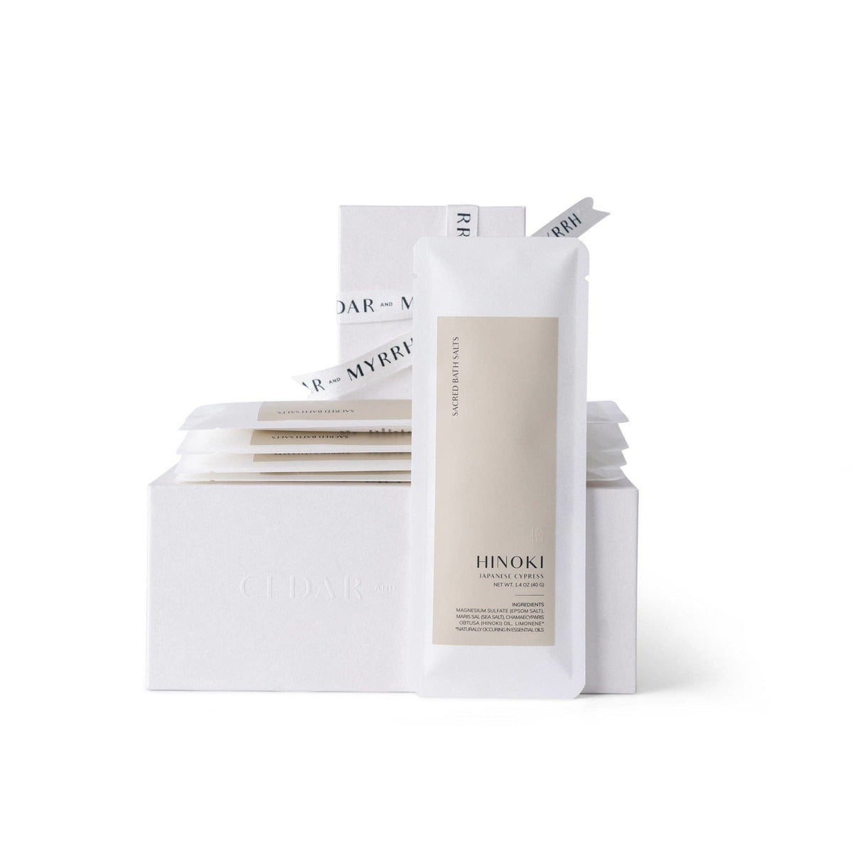 Cedar & Myrrh Hinoki bath salt gift box with five pouches