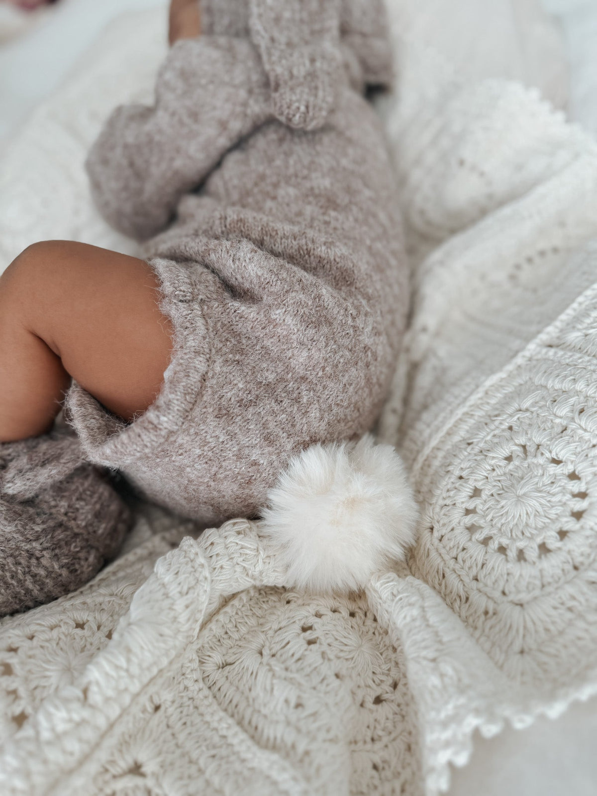 Cozy Bunny Romper in Bunny Brown, worn