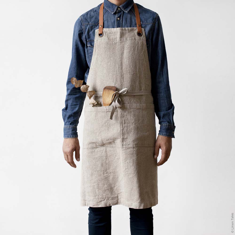 Stonewashed Natural Linen and Leather Apron