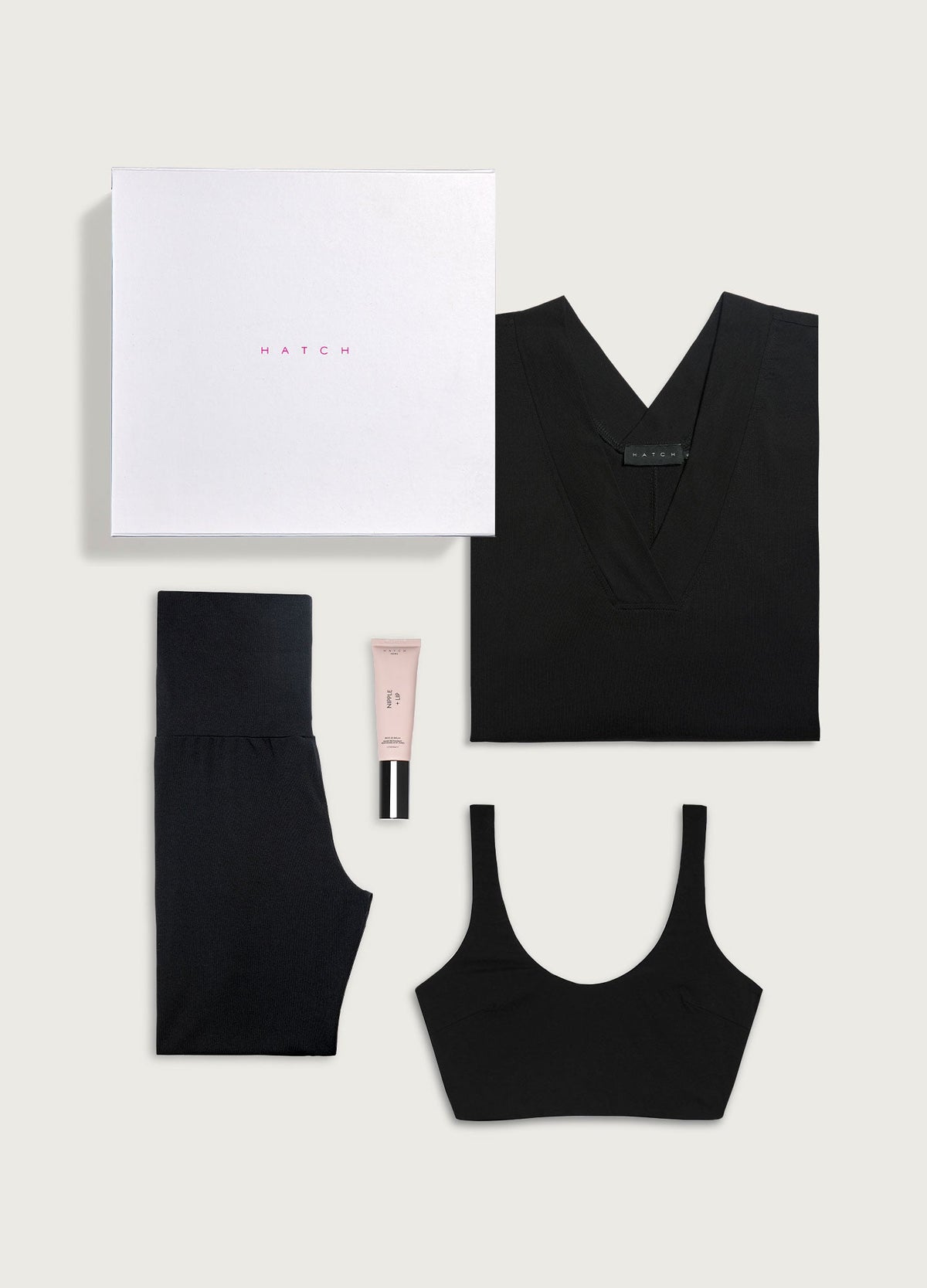 HATCH Hospital Departure Edit, the Visitor Top, Over/Under Easy Pant, Skin to Skin Bra and Nipple + Lip Rescue Balm