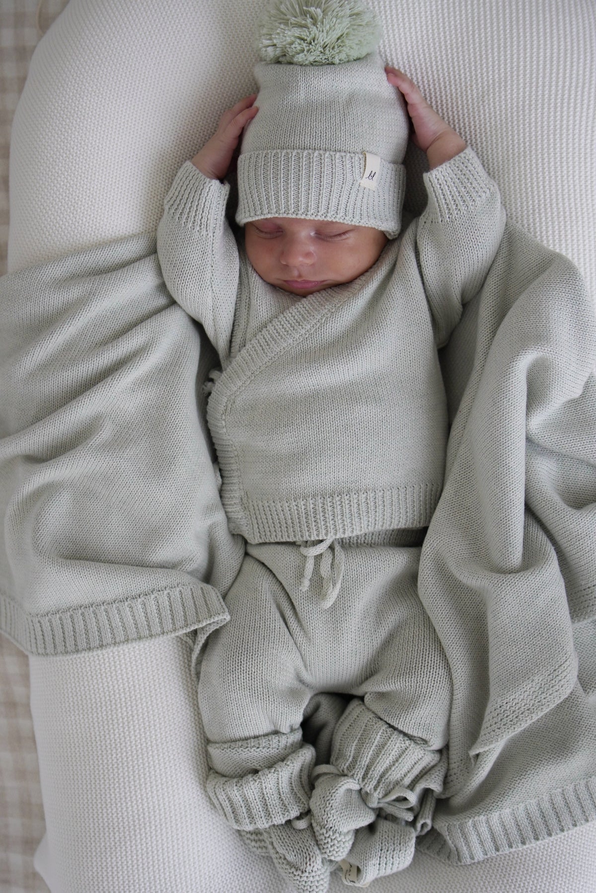 Newborn in the Light Sage rib kimono top and matching pants