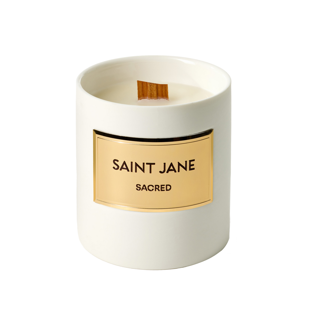Saint Jane Sacred Candle in a white ceramic vessel with an engraved gold plate