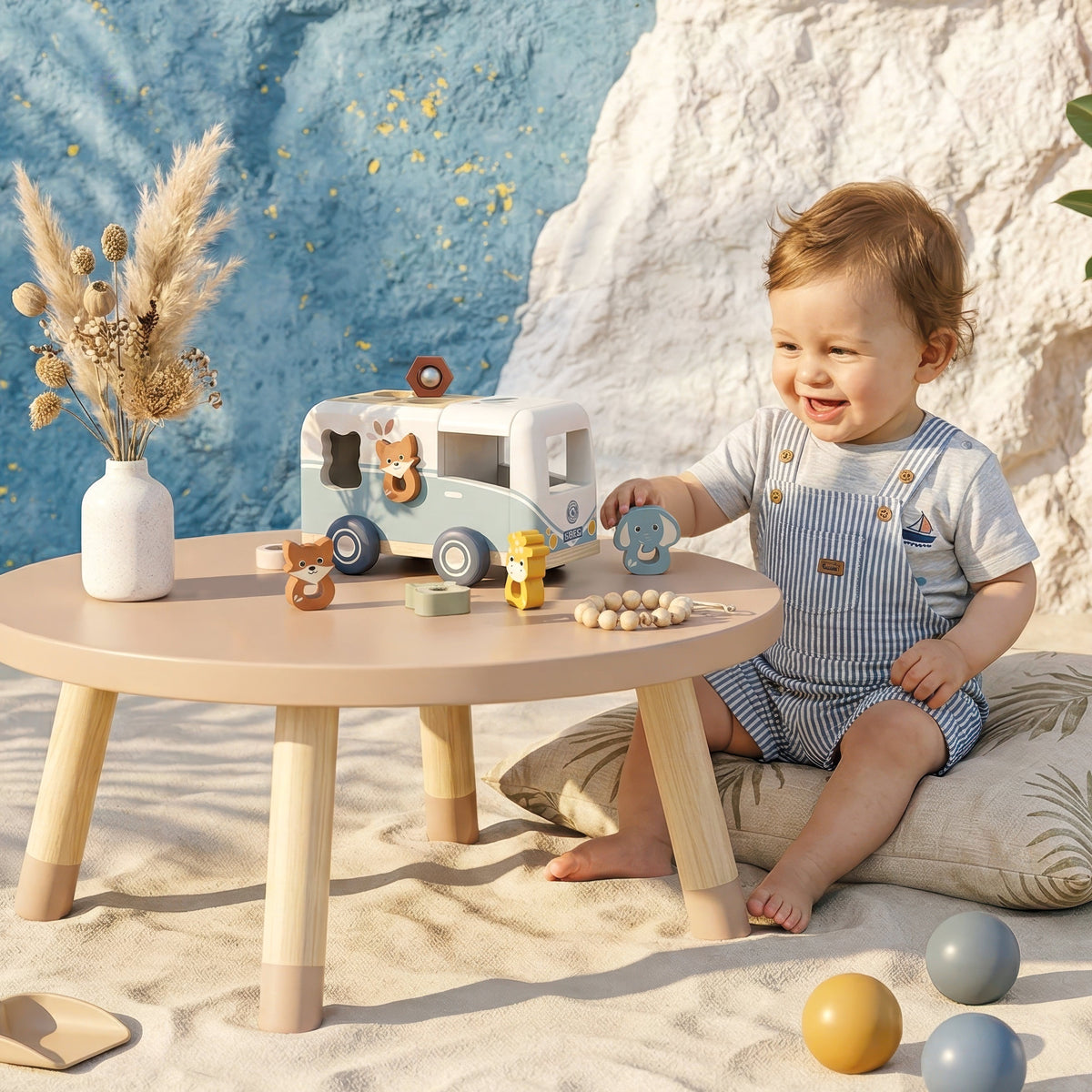 Van shape sorter with wooden animal pieces
