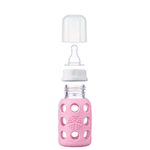 4oz Glass Baby Bottle - Stage 1 Nipple, Stopper, and Cap: Pink