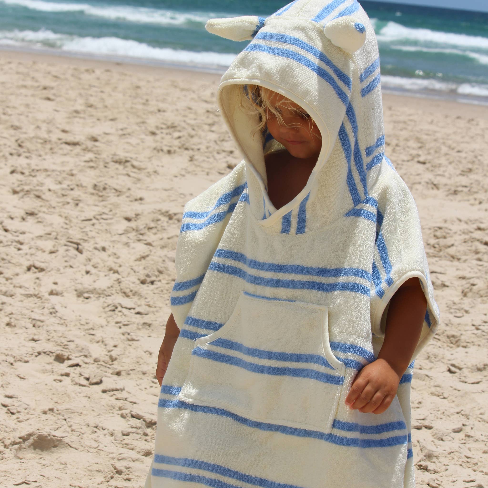 Kids Character Hooded Towel Sammy the Seagull Blue Stripe