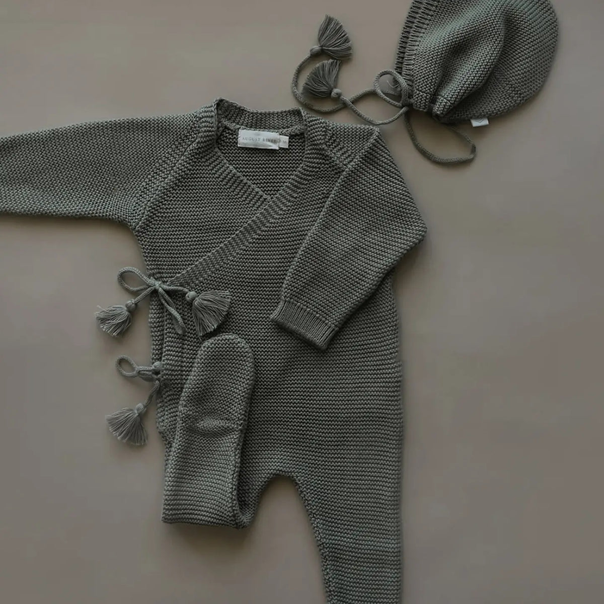 The Heirloom in olive: August River Co. knit set with bonnet