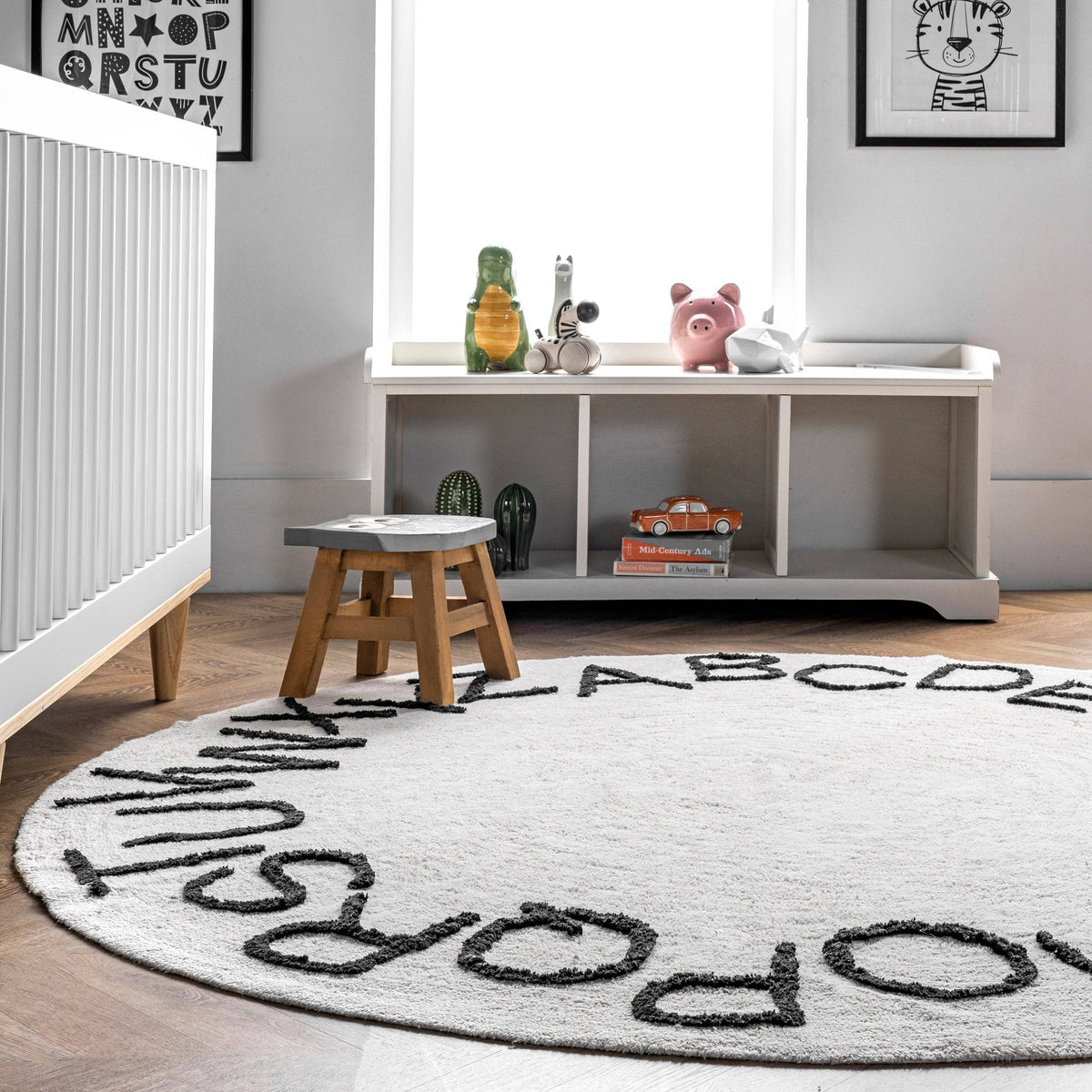 Washable Round Alphabet Rug, Blue, 6 ft