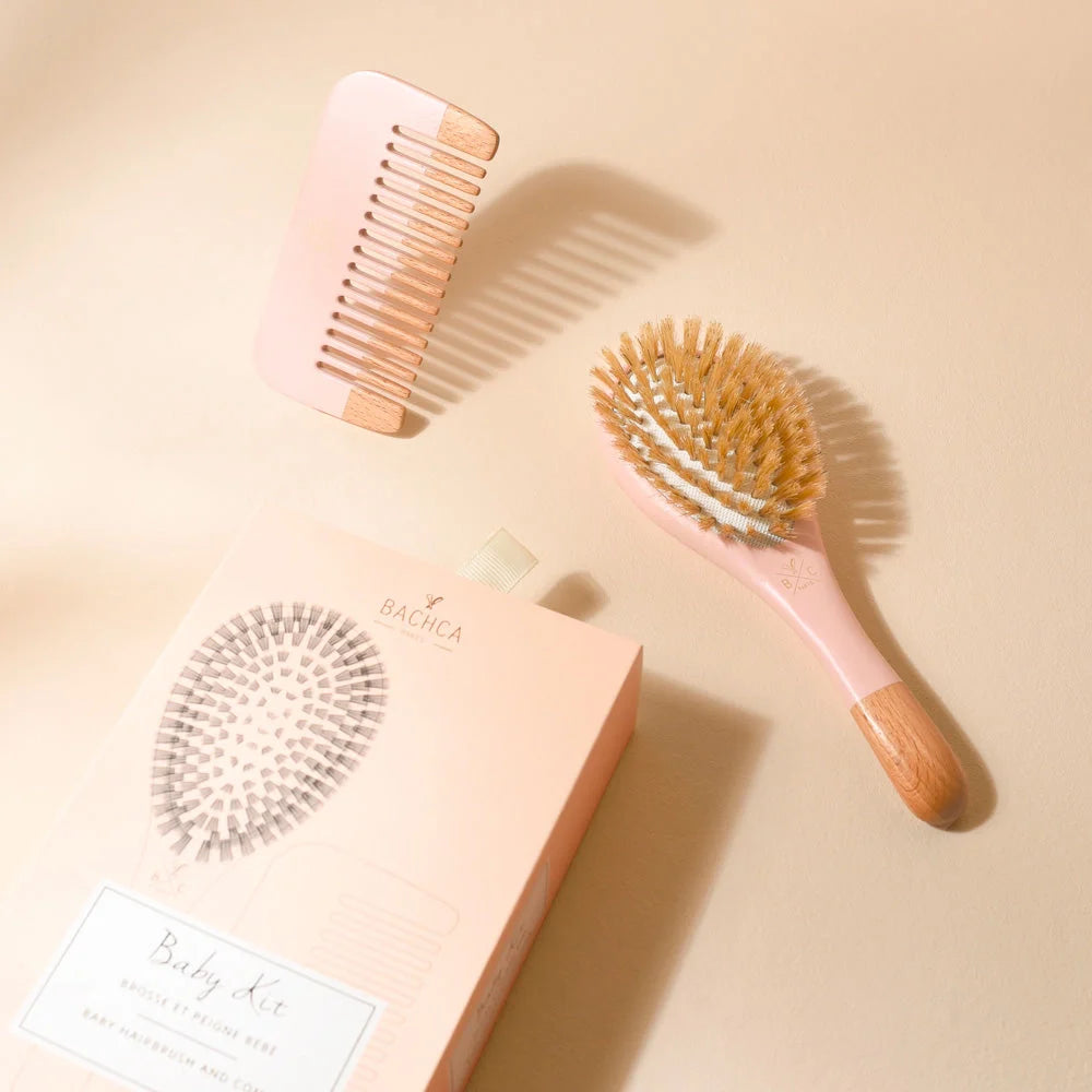 Bachca baby brush and beechwood comb set in pink