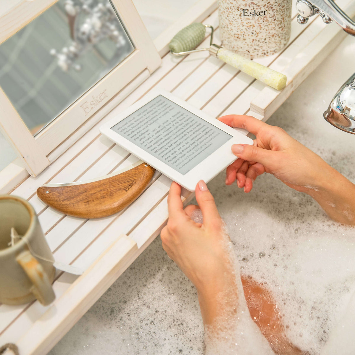 Esker Bath Board across a tub, flip-up mirror open