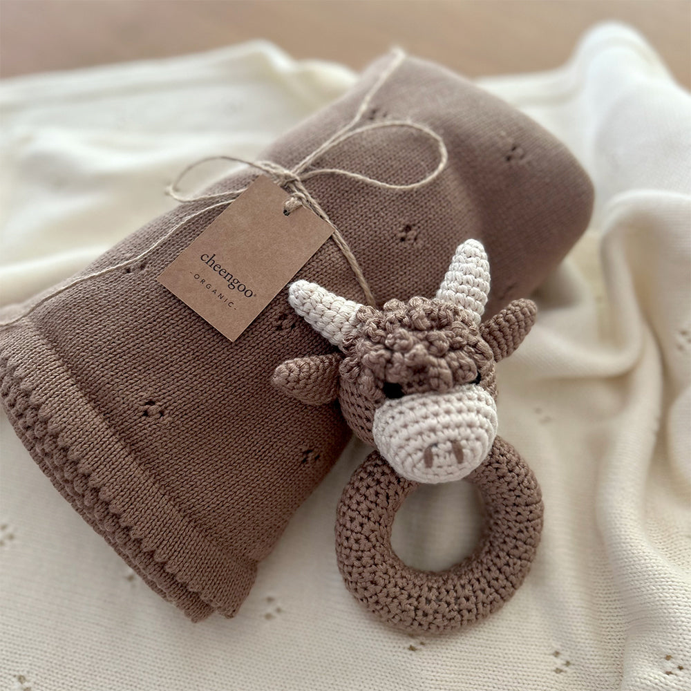 Cloverleaf Eyelet Knit Blanket in Taupe, with a crocheted rattle