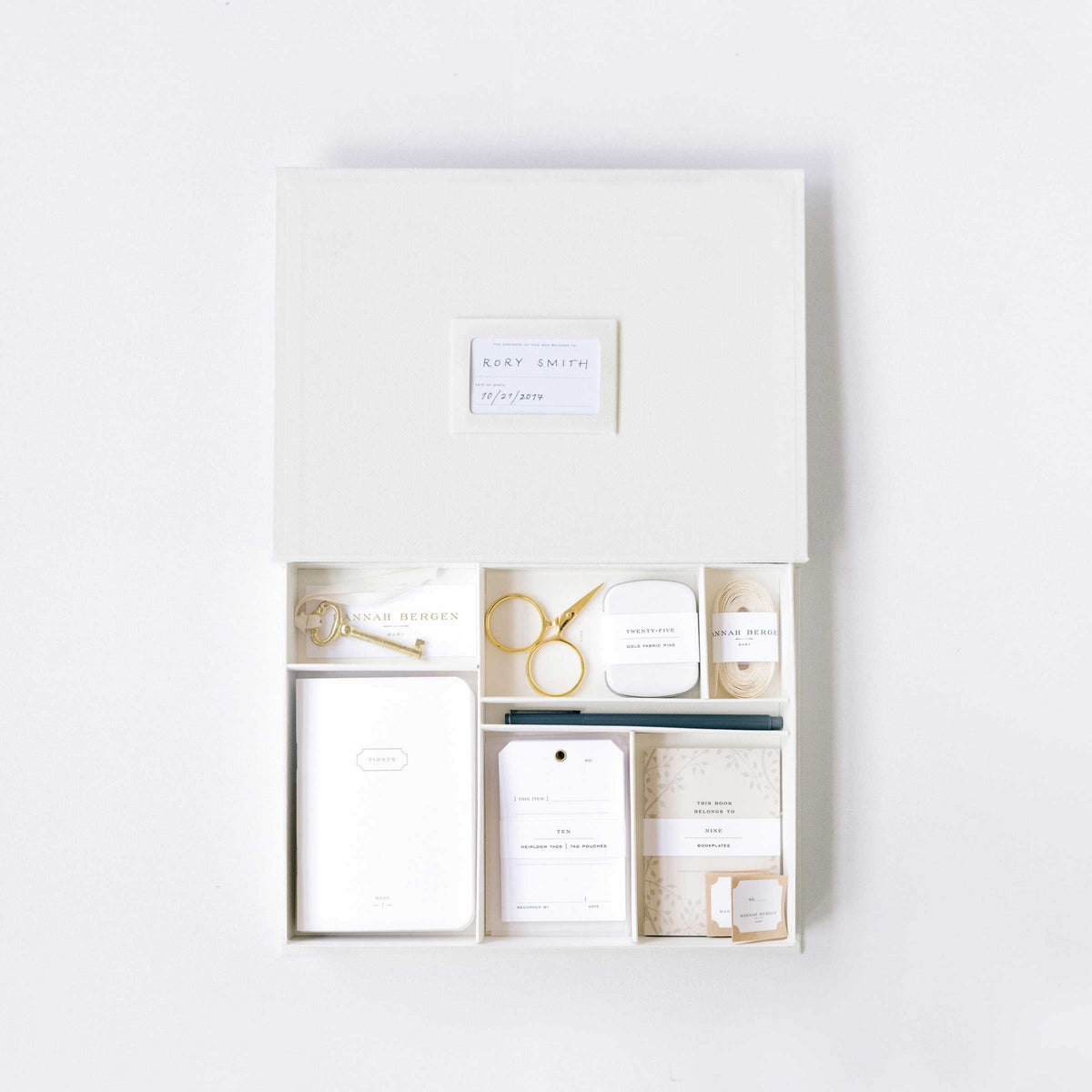 The Baby Kit, the linen box open, showing the compartments