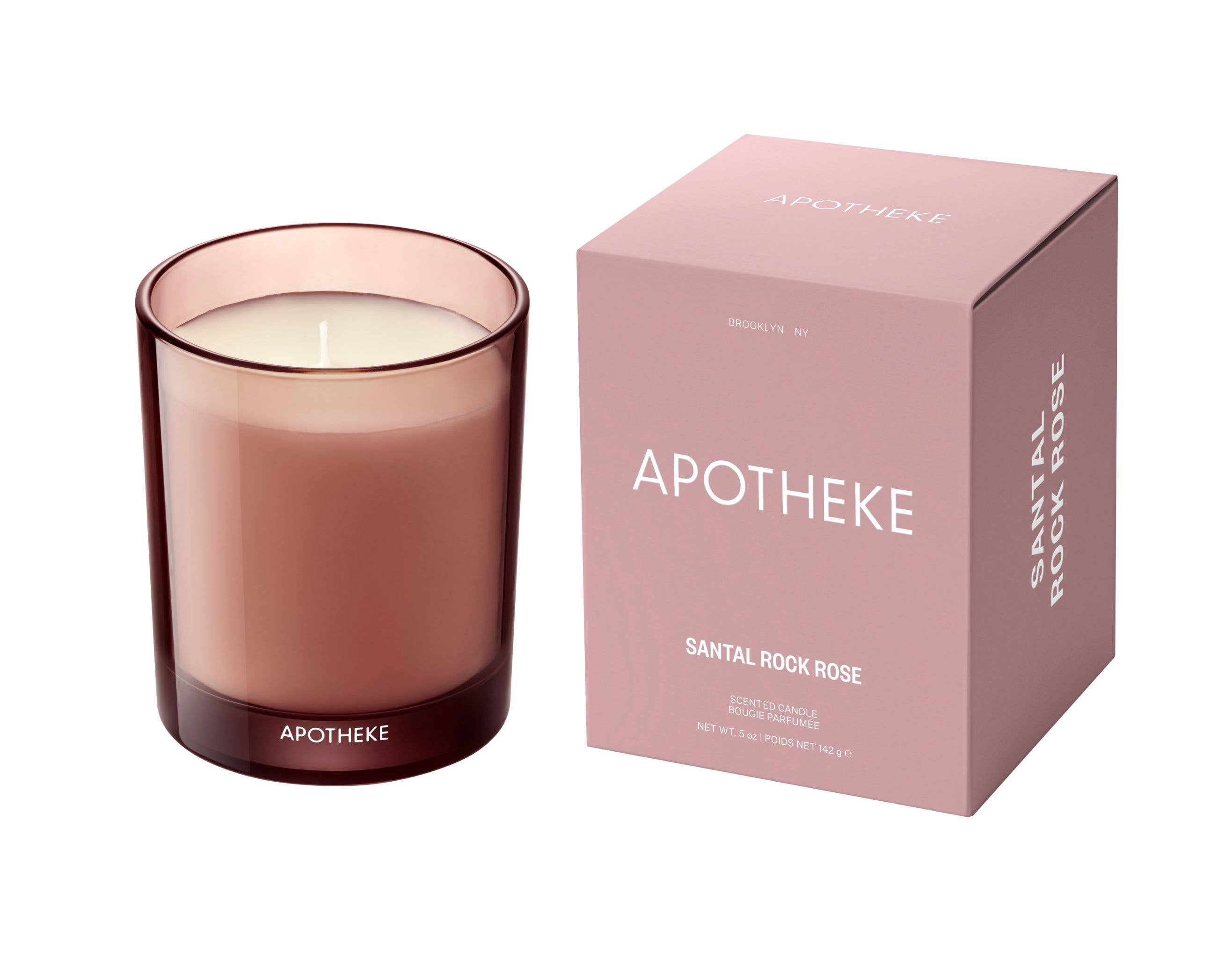 Apotheke Santal Rock Rose petite candle in pink glass vessel