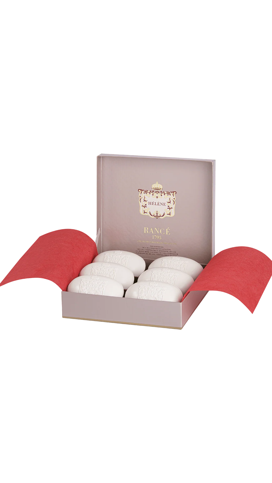 Hélène Fine Soaps by Rancé, six bars in an open presentation box