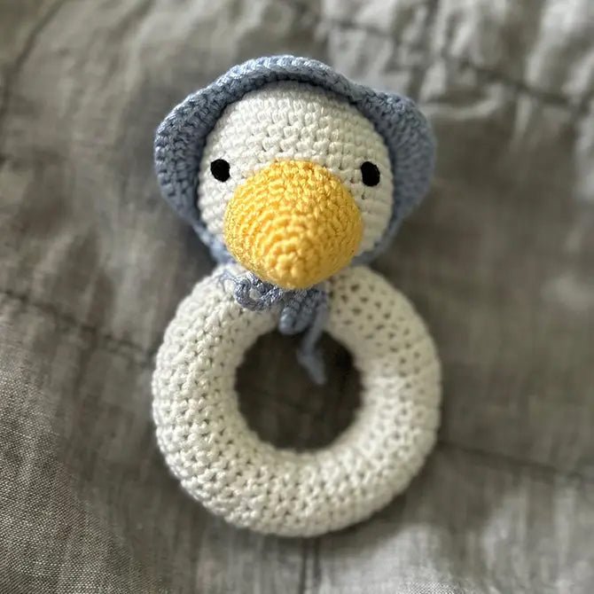 Cheengoo Mother Goose ring rattle, hand crocheted in bamboo yarn