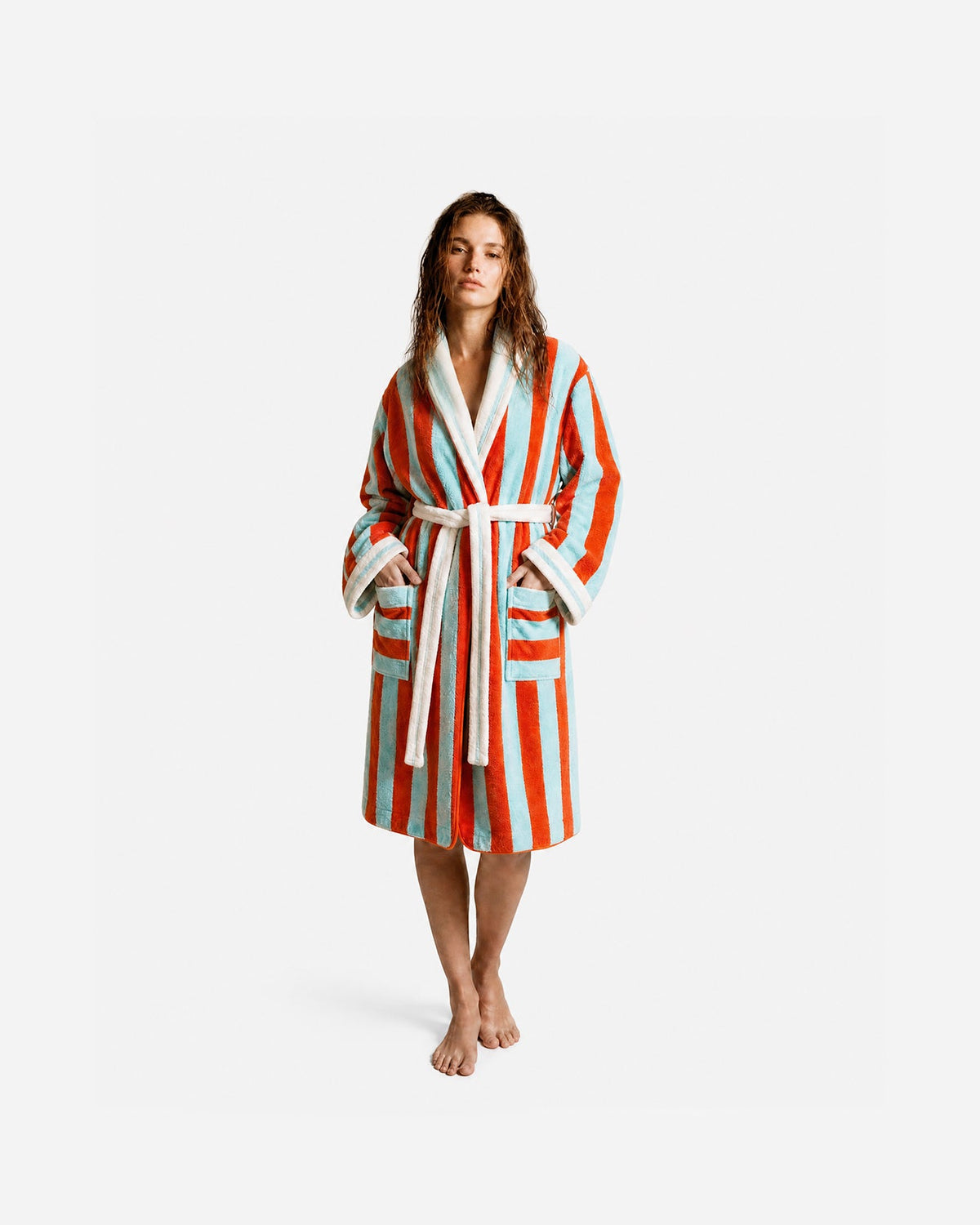 Spritz striped robe in off white and aperol, detail