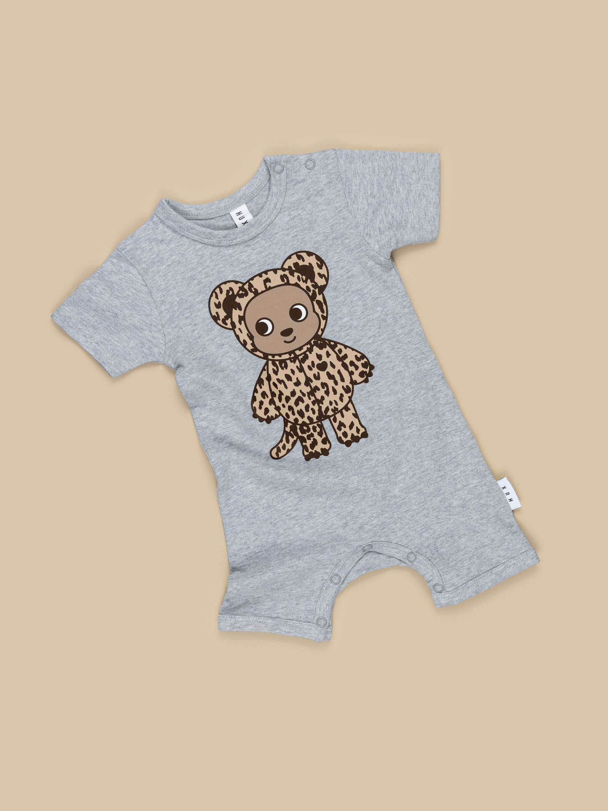 Leopard Bear Short Romper - Grey Marle