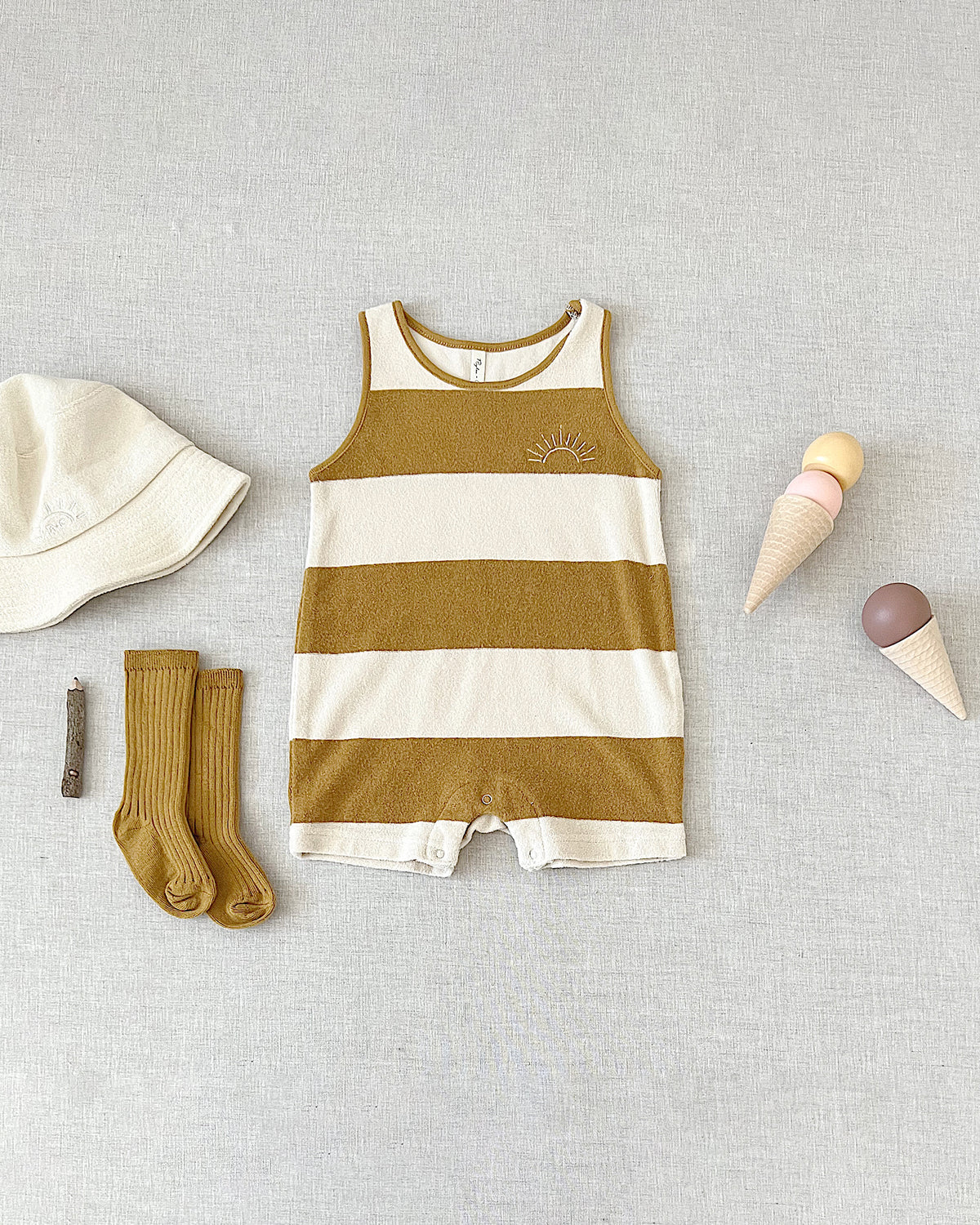 terry sleeveless romper | gold stripe